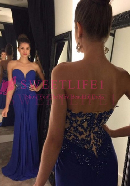 Royal Blue Chiffon Sweetheart Neck Prom Dresses Lace Appliques Beaded A Line Formal Evening Occasion Dresses Party Gown Custom Made