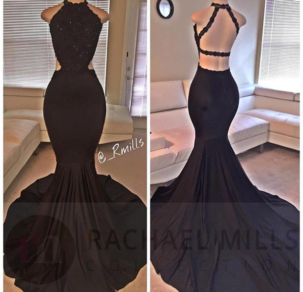 Sexy Black Halter Satin Mermaid Long Prom Dresses Lace Sequins Beaded Backless Side Slit Evening Dresses Formal Party Dresses