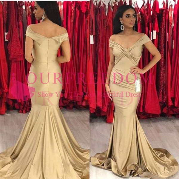 Classic Off The Shoulder Prom Dresses Mermaid Pleats Elastic Satin Sweep Train Formal Evening Occasion Party Dresses Custom Made