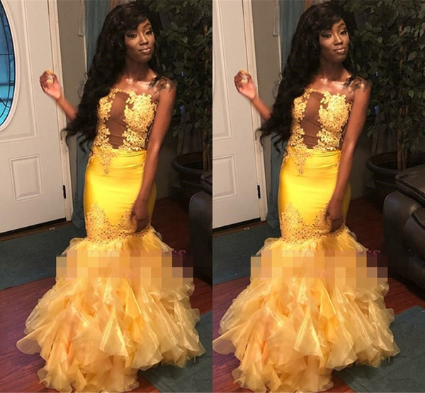 Yellow Strapless Sexy Prom Dresses Lace Appliques Mermaid Beaded Ruffles Tiered Skrits Formal Evening Occasion Dresses Custom Made