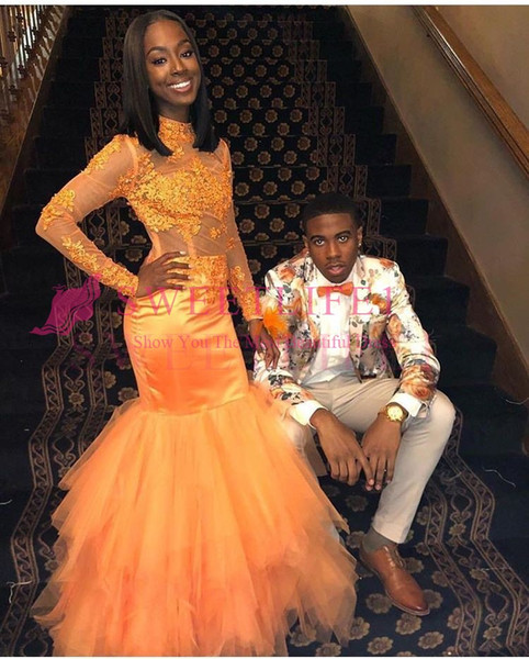 Orange Long Sleeve Prom Dresses 2K17 18 High Neck Illusion Appliques Tulle Mermaid Formal South Africa Evening Occasion Party Dresses