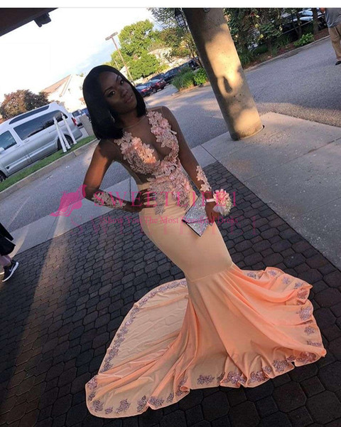 Elegant V Neck Prom Dresses Long Sleeve Appliques Lace Mermaid Sweep Train Formal Evening Occasion Dresses Custom Made