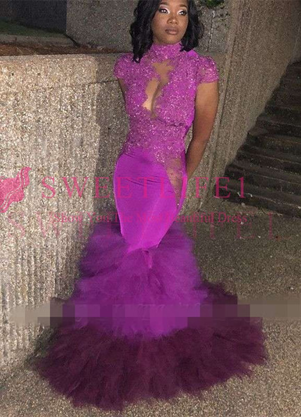 Black Girls Short Sleeve Prom Dresses Purple High Neck Lace Appliques Cutaway Side Mermaid Formal Occasion Evening Party Dresses Custom