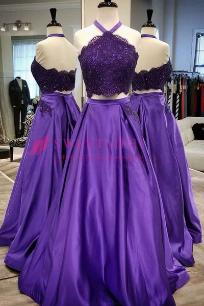 Elegant Purple Prom Dresses Halter Neck Two Piece Lace Appliques A Line Floor Length Formal Evening Occasion Party Dresses Custom Made