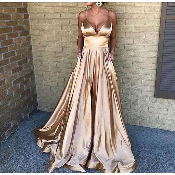 Sexy Spaghetti Straps Prom Dresses Elastic Satin A Line Sweep Train Formal Evening Occasion Dresses Custom Made Hot Sale