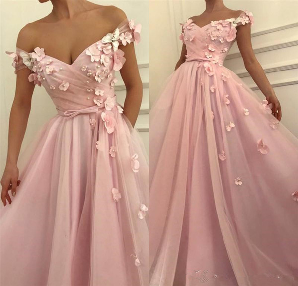 Pink 3D Floral Cheap African Prom Dresses A Line Off Shoulder Plus Size Pearls Crystal Girls Pageant Formal Evening Party Gowns