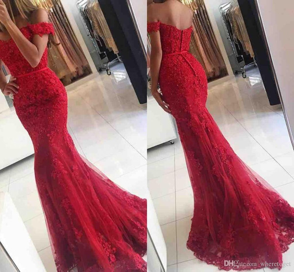 New Red Lace Mermaid Prom Dresses veatidos off Shoulder Beaded Appliques Tulle Floor Length Cheap Long Evening Gowns