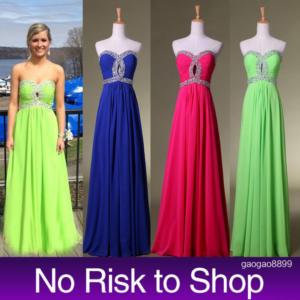 Sexy Chiffon Formal Evening Prom Dresses Sweetheart Beads Royal Blue Fuchsia Lime Green A line Party Gowns Real Image Cheap In Stock NR