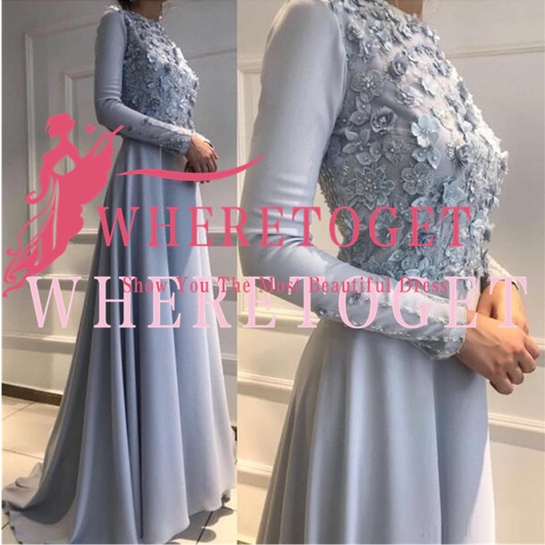 Gorgeous Muslim Sky Blue Lace Beaded Evening Dresses Crew Long Sleeves Prom Dresses Satin Formal Party Bridesmaid Pageant Gowns