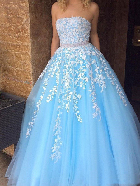 A Line Lace Appliques Prom Dresses Strapless Lace Up Beaded Formal Dresses Custom Made Evening Dresses