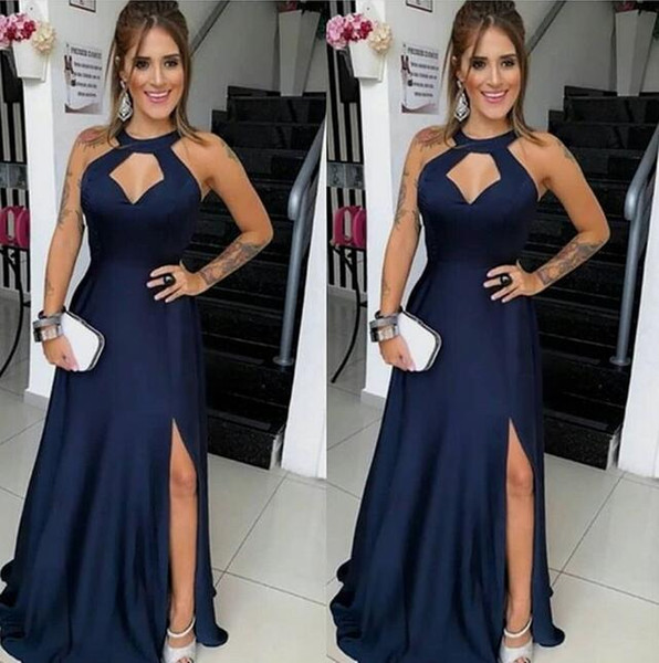 Sexy Long royal blue A Line Prom Dresses Halter Neck Split High Formal Dresses Evening Party Wear elegant cheap evening formal dresses