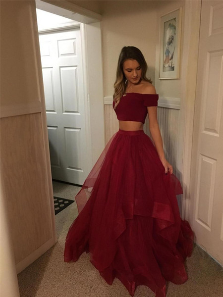 Cheap Dark red two Piece Prom Dresses Bateau Neck off shoulder sleeve tiered Tulle Skirt Long plus size Formal Gowns Evening Dress