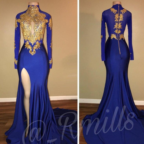 Sexy High Neck royal Blue Prom Dresses Mermaid Split Long Sleeves Party Dress Evening Wear Lace Applique Sequined Graduation Gowns