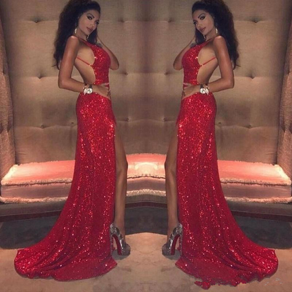 Glittering Red Mermaid Prom Dresses Deep V-Neck Open Backless Zipper Sequined Party Dress Sexy Side-Split Sweep Train Formal Evening Gowns