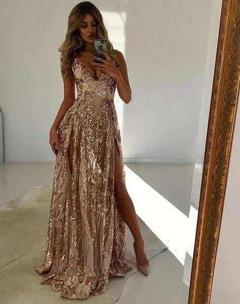 sexy Bling Sequined high side Split Prom Dresses deep v neck Sweep Train Evening Gowns custom made Pageant Dress Formal wear cheap