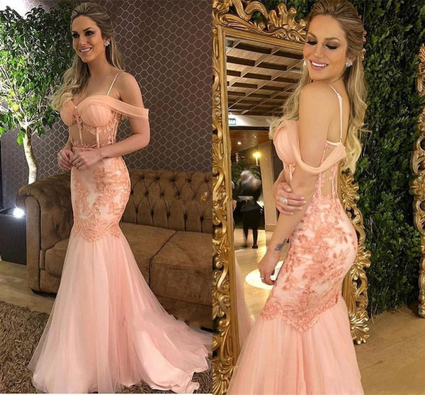 Cheap Blush Pink Tulle Mermaid Prom Dresses with Lace Applique Off Shoulder Evening Gowns Sexy Illusion Waist Trumpet Dress Formal