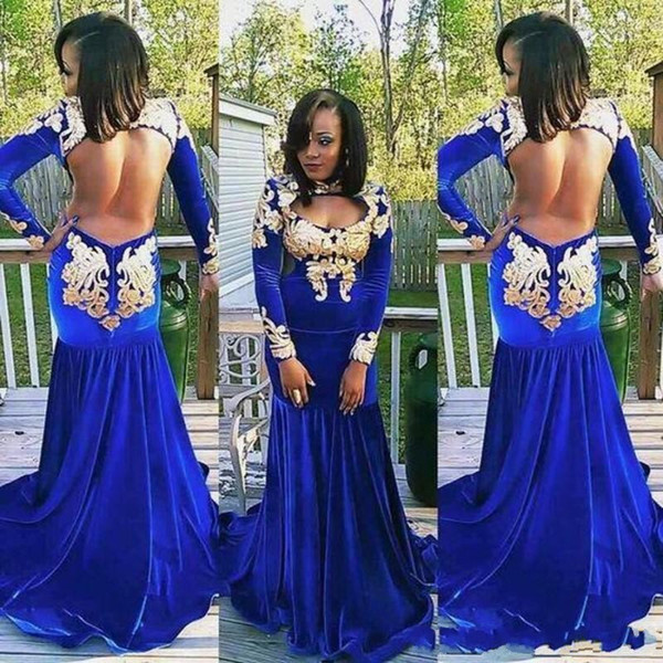 New Style Royal Blue Velvet Mermaid Evening Dresses African with Lace Applique Sexy Open Back Prom Dresses Long Sleeves Party Gowns