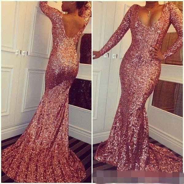 Fall Winter Rose Pink Sequined Cheap Mermaid Prom Dresses Scoop Neck Long Sleeves Sexy Low Back Sparkling Dresses Evening Wear