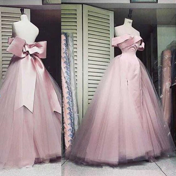 Sweetheart A Line Prom dresses off shoulder sleeve Bow Satin Tulle Pink Tiers Sexy Beautiful Custom Made formal Evening Dress gown