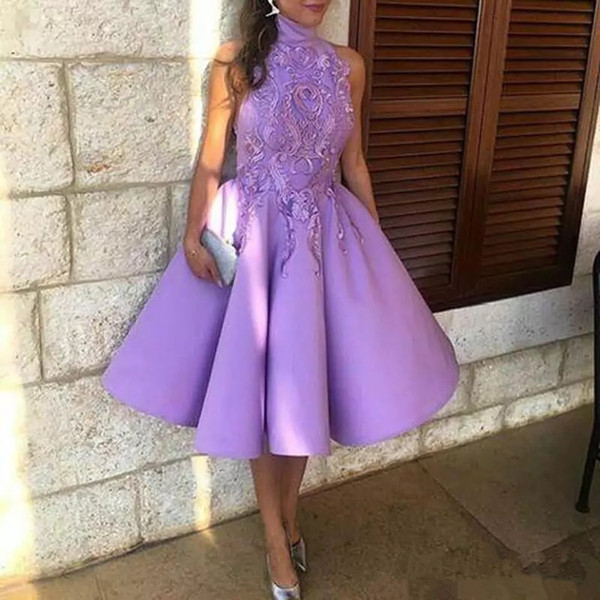 light purple Knee length short prom dresses high neck embroidery lace puffy Lilac arabic formal celebrity evening party gowns wear