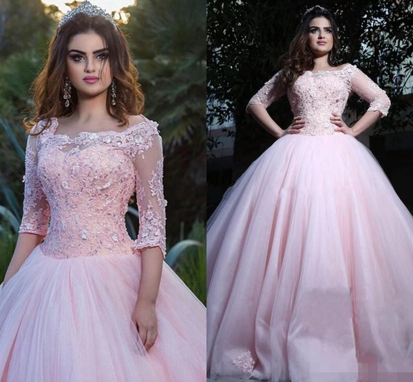 Plus Size Pink Sweet 16 Debutantes Prom Dresses 3/4 Sleeves Bateau Corset Lace Beaded Tulle Vestidos De 15 Anos Quinceanera Dresses