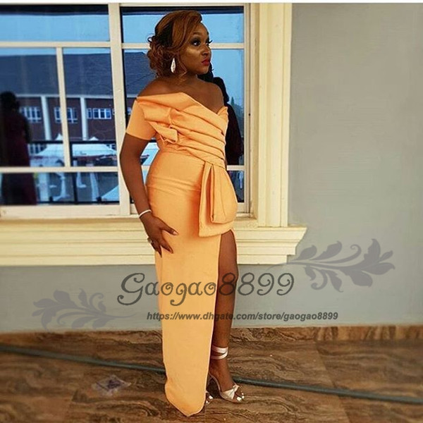 Chic Orange split mermaid prom dresses african one shoulder Nigerian style floor length cheap long formal celebrity evening party gowns