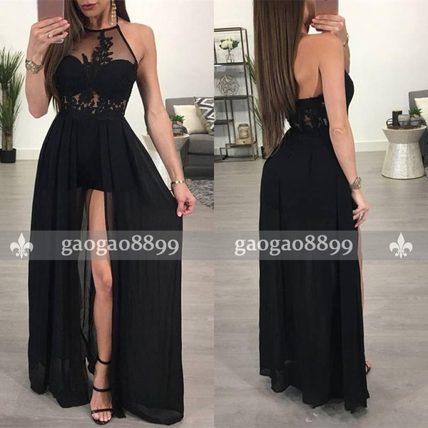 Sexy Long Black A Line Prom Dresses Sheer Halter Neck Split High Formal Dresses Evening Party Wear Cheap Party Dress with Appliques