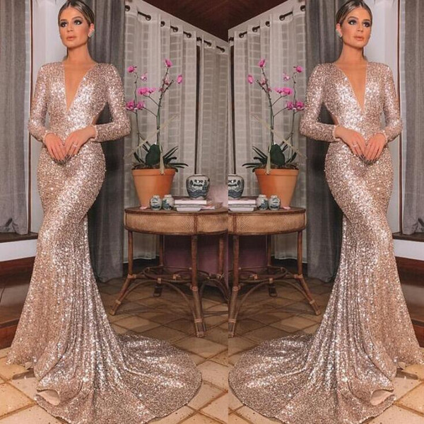 Luxury rose gold mermaid Prom Dresses deep V-Neck Evening Party Wear full sequined modest Cutaway Sides long sleeves Formal party Gown