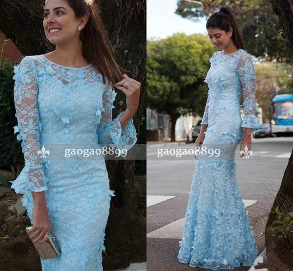 Chic Fairy Lace Mermaid Prom Dress With 3D-Floral Appliques Jewel Neck Long Sleeve Evening Gown Cheap Formal Dresses Evening Wear