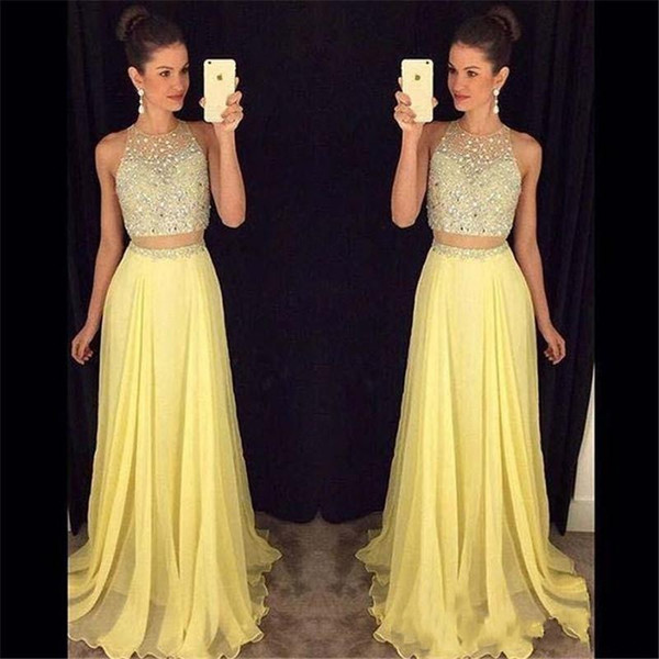 Blingbling Two Pieces Prom Dresses with Beaded Halter Hollow Back Evening Dress Party Gowns DTJ