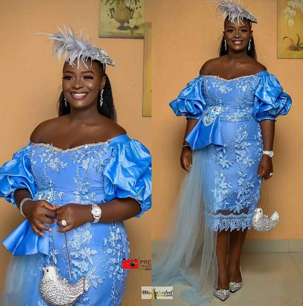 Aso Ebi Blue Lace Prom Dresses Sexy Off Shoulder sheath Evening Gowns Plus Size lace appliques tulle Women Formal Party Dress