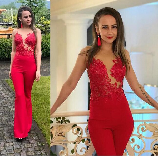 new red Jumpsuits sheath prom Dresses Sexy Illusion Bodice Spandex zipper back country Bridal Gowns simple arabic vestidos de novia