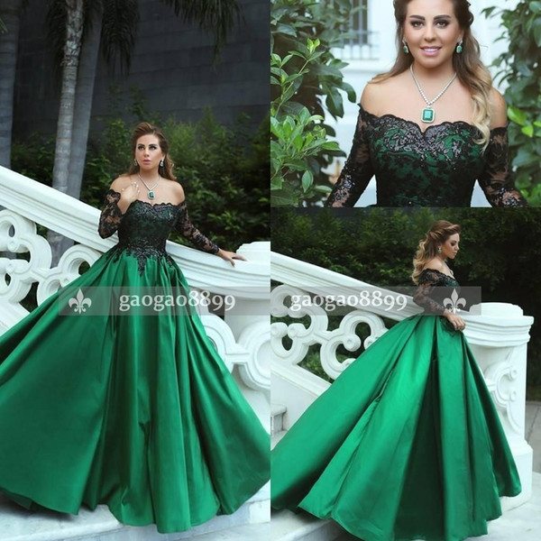 Vintage Emerald Green Black Sequined Dresses Long Sleeves Off the Shoulder A Line Middle East Elegant Prom Dresses Party Evening Wear