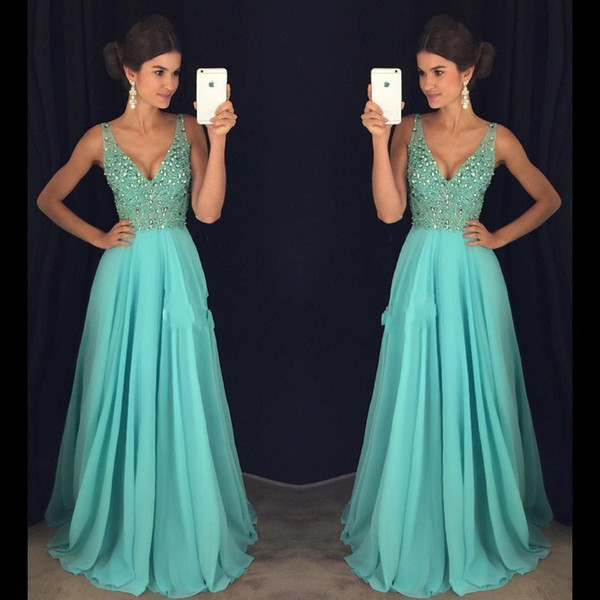 Secy Prom Evening Dresses A-Line Sexy Deep V-Neck Major Beaded Long Chiffon Formal Celebrity Chic Blue Gowns Dress for Party Wear DTJ