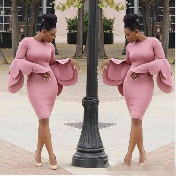 New Arrival Vintage Saudi Arabia Prom Dresses Large Petals Design Long Sleeves South African Sheath Knee Length Evening Party Vestidos