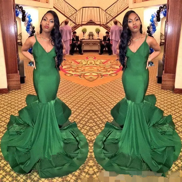 Cheap Satin dark Green Mermaid Sexy Black Girl Prom Dress Spaghetti Strap South Africa formal celebrity Evening Party Gown Plus Size