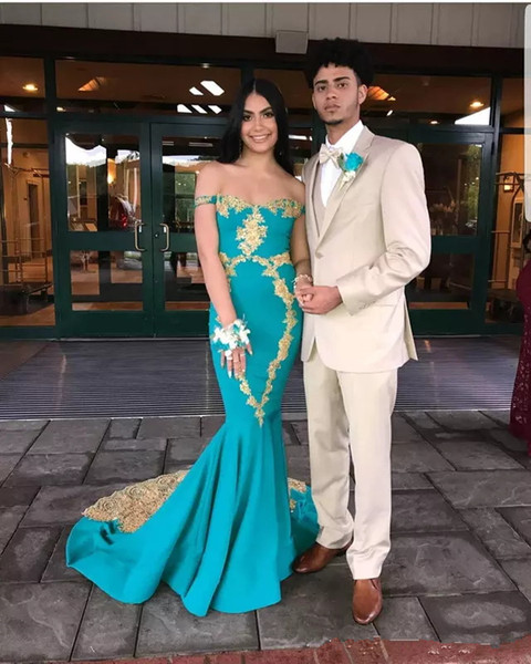 New designer Turquoise Mermaid Prom Dresses elegant off shoulder sleeves Gold Appliques V neck Long Formal Evening Gowns