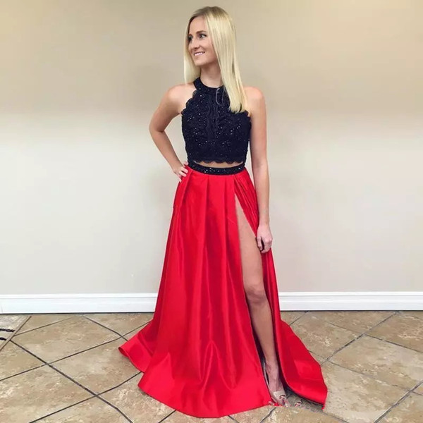 two piece prom dresses sexy halter backless side split black and red lace top long formal evening party gowns wear