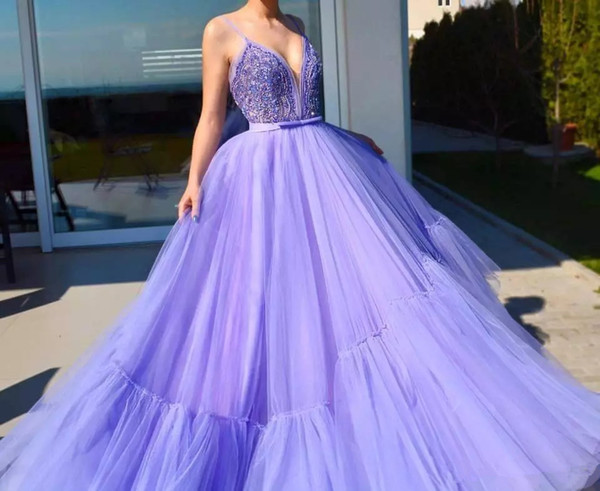 light purple A line floor length prom dresses sexy spaghetti straps lace beaded top ruffles tulle skirt formal celebrity evening gowns