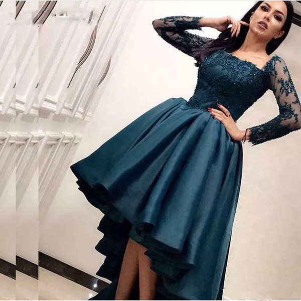 Dark green Arabic High Low Prom Dresses Long Sleeve Vintage Lace ball gown Formal Party Evening Dress Saudi Arabia Pageant Gowns