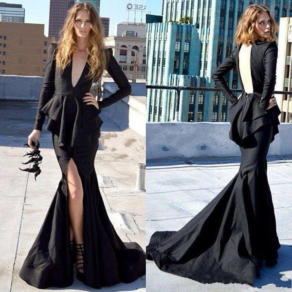 Sexy Mermaid Prom Dresses Long Sleeve Plunging Neckline Backless Arabic Simple Cheap Formal Dresses Evening Party Wear Sexy Front Split