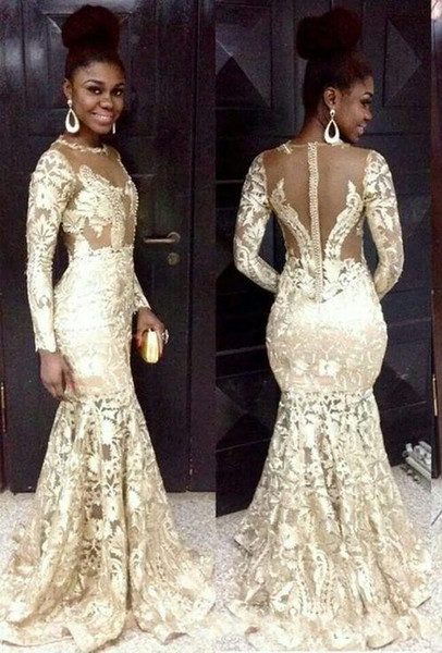 South African Style Prom Dresses Lace Sheer Neck Long Sleeve Mermaid Formal Evening Gowns For Woman Plus Size Formal Party Dresses DTJ