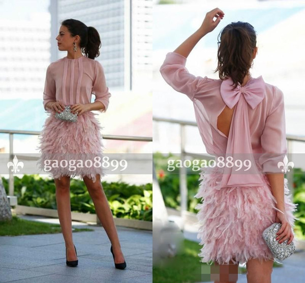 Gorgeous Feather Short Prom Dresses Pink Long Sleeves Open Back With Bow Dresses Party Evening Cocktail Party Dresses Special Occasion