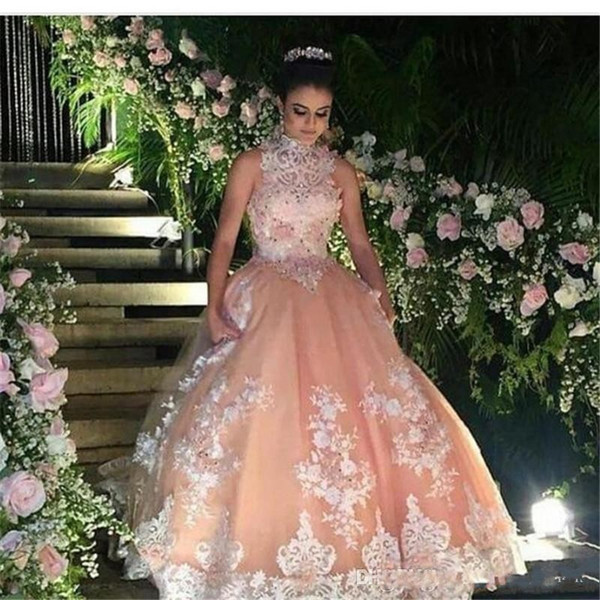 luxurious Blush Prom Dresses with Lace Appliques High Neck Evening Dress Robe De Soiree Party Gowns with Beaded DTJ