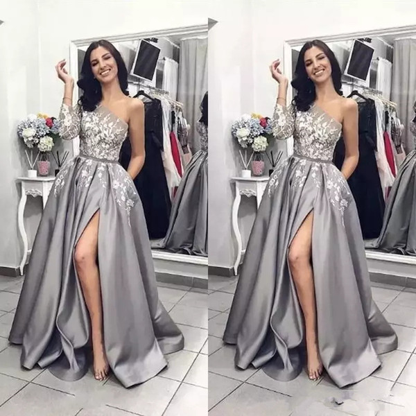 Silver grey Vintage Sexy split Prom Dresses with pocket One Shoulder long sleeves A-line Satin Evening Dresses Pageant Formal Party Gowns