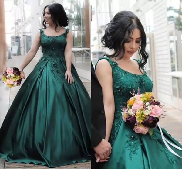 Emerald Dark Green Prom Dresses Scoop Lace Appliques Satin Ball Gowns Floor length lace up corset plus size Formal Evening Party Wear