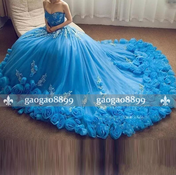 New Prom Dresses Sweetheart Lace Appliques Lace Up with Blue Flora Appliques Evening Gowns Tulle Sweep Train Arabic Formal Party Dress