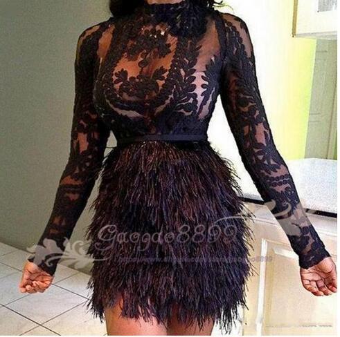 Real Sexy See Through Short Prom Dresses High Neck Long Sleeves Dresses Evening Wear Lace And Feather Custom Made Celebrity Cocktail Dress