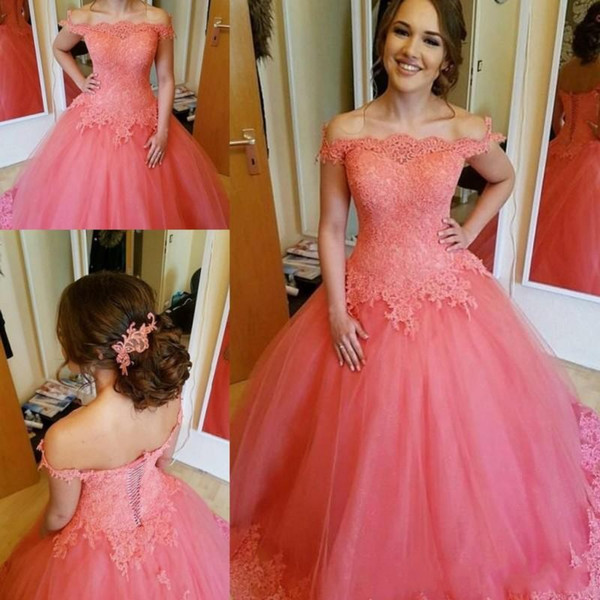 Sweety Water Melon Prom Dresses Off Shoulder Lace Appliques Prom Dresses Lace Up Back Tulle Ball Gown Pageant Party Evening Dress