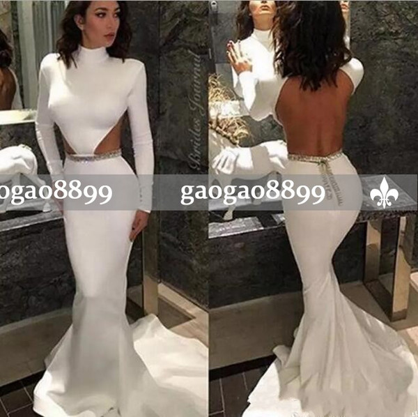 Sexy Mermaid Prom Dresses High Neck Long Sleeve Hollow Waist Backless Evening Gowns Saudi Arabia Formal Dresses Party Evening Vestidos